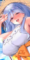 Rule 34 | 1girl, animal ears, blue hair, blue sky, blush, breasts, cloud, dress, hat, highres, hololive, large breasts, looking at viewer, mature female, mizuno kurage, open mouth, pekomama, rabbit-shaped pupils, rabbit ears, rabbit girl, short eyebrows, sky, sleeveless, sleeveless dress, smile, solo, straw hat, symbol-shaped pupils, teeth, upper teeth only, virtual youtuber, white dress