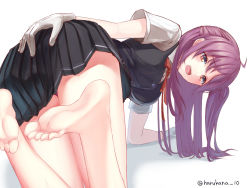 Rule 34 | 10s, 1girl, ahoge, all fours, barefoot, blush, feet, foot focus, gloves, hagikaze (kancolle), hand on ass, kantai collection, long hair, looking at viewer, open mouth, pov, purple hair, soles, toes