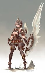 Rule 34 | 1girl, armor, armored dress, artist name, asymmetrical legwear, bare shoulders, black pantyhose, boots, breasts, brown hair, cleavage, dated, elf, fantasy, feathers, gloves, gradient background, green eyes, grey background, hair ornament, highres, holding, holding sword, holding weapon, holster, huge weapon, large breasts, legs apart, looking at viewer, original, pantyhose, pixiv fantasia, pixiv fantasia t, pointy ears, ponytail, signature, single thigh boot, solo, standing, sword, thigh boots, thigh holster, thigh strap, thighhighs, underboob, uneven legwear, weapon, white background, windforcelan