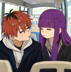 1boy 1girl alternate_costume black_hair blunt_bangs blush bus_interior closed_eyes commentary contemporary english_commentary fatzhai fern_(sousou_no_frieren) highres multicolored_hair orange_hair puckered_lips purple_hair roots_(hair) sidelocks sousou_no_frieren stark_(sousou_no_frieren) sweatdrop you&#039;re_doing_it_wrong