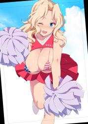 Rule 34 | 1girl, :d, american flag bikini, american flag print, areola slip, bikini, blonde hair, blue eyes, blue sky, blush, breasts, cheerleader, cleavage, cloud, collarbone, commentary request, covered erect nipples, crop top, day, flag print, girls und panzer, highres, holding, holding pom poms, kay (girls und panzer), large breasts, long hair, looking at viewer, micro bikini, nakamura yukitoshi, one eye closed, open mouth, outdoors, pleated skirt, pom pom (cheerleading), pom poms, print bikini, red shirt, red skirt, shirt, skirt, sky, smile, solo, standing, standing on one leg, swimsuit, viewfinder, wavy hair