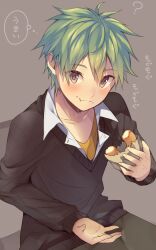 Rule 34 | 1boy, :t, ?, akiyama hayato, bag, black sleeves, black sweater, chewing, closed mouth, collarbone, collared shirt, commentary request, cowboy shot, crumbs, doughnut, eating, fingernails, food, green hair, green pants, grey background, grey eyes, hair between eyes, highres, holding, holding bag, holding food, idolmaster, idolmaster side-m, light blush, long sleeves, looking at viewer, male focus, palms, pants, paper bag, shirt, short hair, simple background, sitting, solo, sweater, tank top, thought bubble, translation request, usamata, v-neck, white undershirt, yellow tank top
