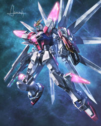 Rule 34 | amasaki yusuke, blue eyes, build strike galaxy cosmos, clenched hand, glowing, glowing eye, gun, gundam, gundam build fighters, gundam build fighters battlogue, holding, holding gun, holding weapon, looking up, mecha, mechanical wings, mobile suit, no humans, robot, science fiction, shield, solo, v-fin, weapon, wings