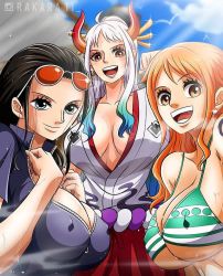 Rule 34 | 3girls, age difference, bikini, bikini top only, black hair, blue sky, breasts, brown eyes, cleavage, cloud, cloudy sky, earrings, glasses, glasses on head, hakama, horns, japanese clothes, jewelry, large breasts, long hair, looking at viewer, multicolored hair, multiple girls, nami (one piece), navigator, nico robin, no bra, one piece, open mouth, orange eyes, orange hair, outdoors, pirate, ponytail, pov, red hakama, red horns, sky, sleeveless, smile, swimsuit, teeth, tongue, underboob, yamato (one piece)