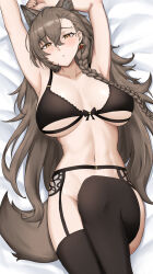 Rule 34 | 1girl, animal ears, arknights, armpits, arms up, bed sheet, black bra, black thighhighs, bottomless, bra, braid, breasts, brown eyes, convenient leg, earrings, fangs (fangs art), garter belt, grey hair, highres, jewelry, large breasts, long hair, lying, mole, mole on forehead, navel, on back, penance (arknights), single braid, solo, stomach, tail, thighhighs, underwear, very long hair, wolf ears, wolf tail