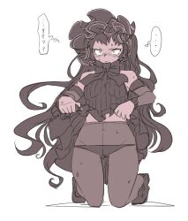 Rule 34 | ..., 1girl, abyssal ship, blush, bonnet, bow, breasts, closed mouth, clothes lift, detached sleeves, dress, dress lift, horns, isolated island princess, kantai collection, lifting own clothes, long hair, monochrome, oso (toolate), panties, panties under pantyhose, pantyhose, shoes, simple background, small breasts, solo, spoken ellipsis, sweat, translation request, underwear, very long hair