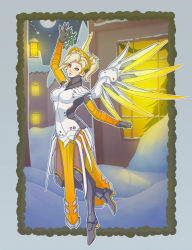 Rule 34 | 1girl, arm up, armor, blonde hair, blue eyes, bodysuit, breasts, brown pantyhose, building, christmas, christmas tree, faulds, floating, framed, full body, full moon, glowing, glowing wings, hair tie, halo, high ponytail, highres, holding, leg up, light smile, looking at viewer, mechanical halo, mechanical wings, medium breasts, mercy (overwatch), mistletoe, moon, night, night sky, nose, outdoors, overwatch, overwatch 1, pantyhose, parted lips, pelvic curtain, polkin, sky, snow, solo, spread wings, window, wings, yellow wings