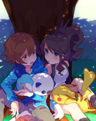 Rule 34 | 1boy, 1girl, black hair, blue eyes, blue jacket, blush, brown eyes, brown hair, closed eyes, creatures (company), exposed pocket, game freak, gen 1 pokemon, gen 5 pokemon, grass, hilbert (pokemon), hilda (pokemon), jacket, looking at another, nintendo, open mouth, oshawott, pikachu, pokemon, pokemon (creature), pokemon bw, ponytail, sitting, tail, toume, tree, under tree