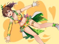 Rule 34 | 1girl, arm strap, belt, blue eyes, breasts, brown hair, choker, commentary, crop top, cropped jacket, cross-laced footwear, detached sleeves, dutch angle, fingerless gloves, gloves, green ribbon, hair ribbon, half-closed eyes, heart, heart background, heart necklace, idol, idolmaster, idolmaster million live!, jacket, jewelry, kamille (vcx68), looking at viewer, medium breasts, medium hair, micro shorts, necklace, open mouth, outstretched arms, ponytail, ribbon, satake minako, shirt, shoes, shorts, single glove, single sleeve, smile, solo, spread arms, standing, thigh strap, two-sided fabric, waist cape, white footwear, white gloves, yellow background, yellow belt, yellow choker, yellow jacket, yellow ribbon, yellow shirt, yellow shorts, yellow sleeves