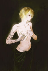 Rule 34 | 1boy, androgynous, black background, blonde hair, chain, chain around arm, collarbone, covering nipples, covering privates, cowboy shot, fingernails, hand on own chest, hands up, highres, huangdanlan, hunter x hunter, jewelry, kurapika, looking to the side, multiple rings, narrow waist, navel, photo-referenced, profile, red eyes, ring, sarong, short hair, skinny, solo, topless male