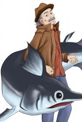 Rule 34 | 1boy, akitani inachika, bad id, bad pixiv id, brown eyes, facial hair, fish, grey hair, hat, hoshi no samidare, jacket, jewelry, looking at viewer, male focus, mustache, old, old man, ponytail, popped collar, ring, simple background, smile, swordfish, to1989, white background, zan amaru