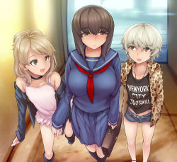 Rule 34 | 1girl, 2boys, 3girls, abubu, age difference, androgynous, animal print, bag, bare shoulders, blonde hair, blush, boots, boy sandwich, breasts, briefcase, brown eyes, brown hair, casual, child, clothes writing, crossdressing, eyeliner, highres, interlocked fingers, jacket, jewelry, large breasts, leopard print, long hair, makeup, multiple boys, multiple girls, necklace, open clothes, open jacket, open mouth, original, red eyes, sandwiched, school bag, school briefcase, school uniform, serafuku, short hair, short shorts, shorts, skirt, sweatdrop, trap