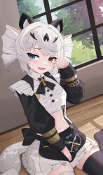 Rule 34 | 1girl, absurdres, animal ears, apron, asymmetrical bangs, black apron, black sleeves, black thighhighs, blue eyes, blush, commentary request, drill hair, grey hair, hand on own crotch, heterochromia, highres, karenina: ember (deed of snow leopard) (punishing: gray raven), karenina (punishing: gray raven), leopard ears, leopard tail, long sleeves, midriff, ningmengege, open mouth, orange eyes, paw pose, punishing: gray raven, shirt, sidelocks, solo, tail, thighhighs, twin drills, waist apron, white shirt