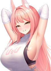 Rule 34 | 1girl, abeen jhong, animal ear fluff, animal ears, armpits, arms behind head, bare shoulders, black sports bra, blush, breasts, detached sleeves, goddess of victory: nikke, grin, hair intakes, highres, large breasts, leona (nikke), long hair, looking at viewer, pink hair, shirt, sideboob, sideless shirt, sidelocks, smile, solo, sports bra, sweat, turtleneck, turtleneck shirt, white shirt, yellow eyes