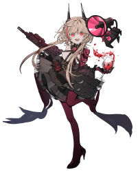Rule 34 | 1girl, :d, absurdres, assault rifle, bare shoulders, black dress, black footwear, blonde hair, cup, dress, fang, flower, full body, girls&#039; frontline, gun, hair between eyes, high heels, highres, long hair, looking at viewer, m4 sopmod ii (devourer of the feast) (girls&#039; frontline), m4 sopmod ii (girls&#039; frontline), megaphone, multicolored hair, nbb3, open mouth, pantyhose, pink hair, red eyes, red pantyhose, rifle, rose, skirt, smile, solo, standing, standing on one leg, streaked hair, weapon, weapon request, white background