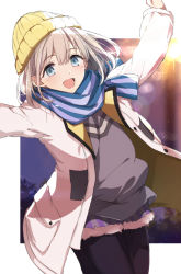Rule 34 | 1girl, :d, beanie, black pantyhose, blue eyes, blue scarf, blush, commentary request, fur-trimmed shorts, fur trim, grey hair, grey shirt, hair between eyes, hat, idolmaster, idolmaster shiny colors, jacket, long sleeves, looking at viewer, open clothes, open jacket, open mouth, pantyhose, pantyhose under shorts, scarf, serizawa asahi, shirt, short shorts, shorts, smile, solo, striped clothes, striped shorts, tsuezu, vertical-striped clothes, vertical-striped shorts, white jacket, yellow hat
