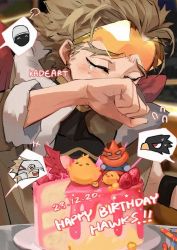 Rule 34 | 1boy, artist name, bad id, bad pixiv id, birthday cake, blonde hair, blush, boku no hero academia, cake, candle, commentary, crying, endeavor (boku no hero academia), english commentary, closed eyes, food, fruit, goggles, goggles on head, hand up, happy birthday, happy tears, hawks (boku no hero academia), kadeart, male focus, red wings, short hair, spoken character, strawberry, tears, tokoyami fumikage, wings, wiping tears