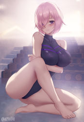 Rule 34 | 1girl, aztodio, backlighting, bad id, bad twitter id, barefoot, breasts, censored, collarbone, fate/grand order, fate (series), hair over one eye, large breasts, legs, light purple hair, looking at viewer, mash kyrielight, mosaic censoring, nipples, nude, purple eyes, pussy, short hair, sitting, smile, solo
