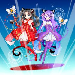 Rule 34 | 2girls, :3, animal ears, black hair, blue eyes, boots, cat ears, cat tail, elbow gloves, fate/hollow ataraxia, fate (series), gloves, hatomilkyt, highres, kaleido ruby, kaleidostick, long hair, magical girl, matou sakura, multiple girls, purple eyes, purple hair, siblings, sisters, tail, thigh boots, thighhighs, tohsaka rin, two side up, wand
