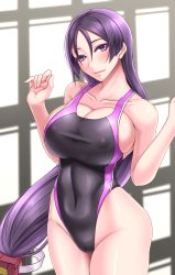 Rule 34 | 1girl, akitsuki karasu, alternate costume, bare arms, bare shoulders, blush, breasts, bursting breasts, cleavage, collarbone, competition swimsuit, covered erect nipples, covered navel, cowboy shot, fate/grand order, fate (series), highleg, highleg swimsuit, hip focus, large breasts, light smile, long hair, looking at viewer, low-tied long hair, minamoto no raikou (fate), one-piece swimsuit, purple eyes, purple hair, sideboob, smile, solo, swimsuit, thighs, very long hair, wide hips