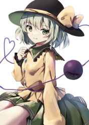 Rule 34 | 1girl, black hat, blouse, bow, buttons, diamond button, eyeball, frilled shirt collar, frilled sleeves, frills, green hair, green skirt, hand on own chest, hat, hat bow, hat ribbon, heart, heart of string, highres, komeiji koishi, natsume suzuri, ribbon, shirt, skirt, solo, subterranean animism, thighs, third eye, touhou, white background, wide sleeves, yellow ribbon, yellow shirt