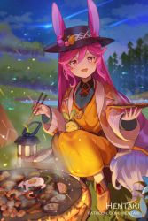 Rule 34 | 1girl, :d, animal ear fluff, animal ears, artist name, black hat, blush, chopsticks, cleo (dragalia lost), cloud, cloudy sky, commentary, cooking, dragalia lost, dress, ears through headwear, english commentary, falling star, food, hair between eyes, hat, hentaki, highres, holding, holding chopsticks, holding plate, lantern, long hair, long sleeves, looking at viewer, night, night sky, open mouth, outdoors, pink hair, plate, rabbit ears, red eyes, sitting, sky, smile, solo, very long hair, watermark, web address, yellow dress
