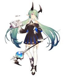 Rule 34 | 1girl, absurdres, bare shoulders, black footwear, blush, book, cross, gradient hair, green hair, hair over one eye, highres, holding, holding book, holding staff, horns, long hair, multicolored hair, nak zw, open book, original, parted lips, pointy ears, purple eyes, signature, simple background, solo, staff, standing, thighhighs, twintails, twitter username, white background, white thighhighs