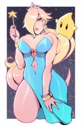 Rule 34 | 1girl, 1other, bangle, bare shoulders, blue dress, blue nails, border, bracelet, breasts, clothing cutout, cropped legs, crown, dress, earrings, fingernails, hair over one eye, highres, its just suppi, jewelry, large breasts, lips, long fingernails, long hair, luma (mario), mario (series), nail polish, navel, navel cutout, necklace, nintendo, no bra, outside border, pearl necklace, rosalina, side slit, solo focus, star (symbol), star earrings, starry background, strapless, strapless dress, super mario galaxy, thick thighs, thighs, very long hair, wand, white border