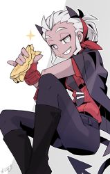 Rule 34 | 1girl, black footwear, black horns, black necktie, black tail, blind, boots, casual suit, commentary request, demon girl, demon horns, demon tail, fingerless gloves, food, food on face, gloves, hairband, helltaker, highres, holding, holding food, horns, jacket, jacket on shoulders, justice (helltaker), looking at viewer, mutsuki riichi, necktie, pancake, red gloves, red shirt, shirt, short hair, short sleeves, signature, smile, solo, sparkle, tail, tie clip, white hair