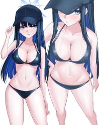 Rule 34 | 1girl, alternate costume, baseball cap, bikini, black bikini, black hair, blue archive, blue hair, blush, breasts, cleavage, collarbone, colored inner hair, feet out of frame, halo, hat, highres, large breasts, long hair, looking at viewer, multicolored hair, multiple views, navel, nichijo, saori (blue archive), simple background, stomach, straight hair, sweat, swimsuit, two-tone hair, very long hair, white background