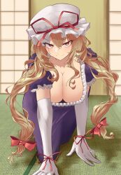 Rule 34 | 1girl, absurdres, all fours, blonde hair, bow, breasts, cleavage, dress, elbow gloves, frilled dress, frilled sleeves, frills, gloves, hair bow, hanging breasts, hat, hat ribbon, highres, large breasts, long hair, looking at viewer, mob cap, multiple hair bows, odoro (nicoseiga81184094), on floor, purple dress, red bow, red eyes, red ribbon, ribbon, seductive smile, short sleeves, smile, solo, touhou, very long hair, white gloves, white hat, yakumo yukari