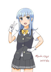 Rule 34 | 1girl, absurdres, blue eyes, blue hair, blunt bangs, bow, bowtie, collared shirt, cowboy shot, dress shirt, gloves, grey skirt, grey vest, hand on own hip, hatsukaze (kancolle), highres, kantai collection, long hair, one-hour drawing challenge, shirt, simple background, skirt, solo, standing, v, vest, white background, white gloves, white shirt, yellow bow, yellow bowtie, yuushou