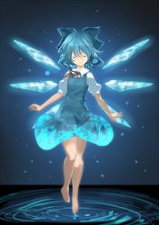 Rule 34 | 1girl, bare legs, barefoot, blue bow, blue dress, blue hair, blush, bow, cirno, closed mouth, collared shirt, dress, closed eyes, fairy, fairy wings, floating, full body, hair bow, i-la, ice, ice wings, legs together, puffy short sleeves, puffy sleeves, red ribbon, ribbon, shirt, short hair, short sleeves, smile, solo, touhou, water, white shirt, wings