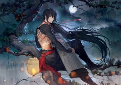 Rule 34 | 1boy, abs, arm wrap, back tattoo, bishounen, black footwear, black hair, black pants, boots, chest tattoo, closed mouth, fate/grand order, fate (series), from side, full body, full moon, green eyes, hair between eyes, hand wraps, highres, holding, holding instrument, in tree, instrument, koto (instrument), lantern, light smile, long hair, looking at viewer, low ponytail, male focus, moon, night, outdoors, pants, paper lantern, red neckwear, red ribbon, red sash, ribbon, rrr (reason), sash, sitting, sitting in tree, solo, tattoo, topless male, tree, very long hair, yan qing (fate)