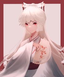 Rule 34 | 1girl, absurdres, alternate costume, border, bow, brown border, closed mouth, folding fan, fujiwara no mokou, hair bow, hand fan, highres, holding, holding fan, long hair, looking at viewer, red eyes, solo, touhou, upper body, white background, white hair, yuhel