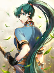 Rule 34 | 1girl, back, black gloves, blue dress, breasts, closed mouth, commentary, cowboy shot, delsaber, dress, earrings, expressionless, fingerless gloves, fire emblem, fire emblem: the blazing blade, from behind, gloves, green eyes, green hair, jewelry, katana, leaf, long hair, looking at viewer, looking back, lyn (fire emblem), medium breasts, nintendo, ponytail, scabbard, sheath, sheathed, short sleeves, solo, sparkle, sword, weapon