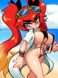 Rule 34 | 1girl, areola slip, breasts, curvy, heart, heart-shaped pupils, highres, huge breasts, jellot, last origin, may of doom, mole, navel, red hair, slingshot swimsuit, smile, solo, standing, swimsuit, symbol-shaped pupils, thighs, twintails, walking