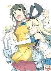 Rule 34 | 2girls, ^^^, animal ears, apron, black hair, blonde hair, blue skirt, bow, bowtie, cowboy shot, crop top, detached sleeves, elbow gloves, fangs, food, fried rice, gloves, grabbing, grabbing from behind, grey eyes, hair between eyes, hairband, hand up, kantai collection, long hair, looking back, looking up, miniskirt, multicolored hair, multiple girls, naganami (kancolle), ninimo nimo, open mouth, outstretched arm, pantyhose, pink hair, rabbit ears, rensouhou-chan, ribbon, school uniform, serafuku, shimakaze (kancolle), shirt, skirt, smile, spoon, standing, striped clothes, striped legwear, striped thighhighs, surprised, thighhighs, thong, turret, two-tone hair, white background, white gloves, white shirt, yellow eyes