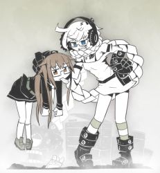 Rule 34 | 10s, 2girls, absurdly long hair, abyssal ship, ahoge, bare shoulders, belt, black serafuku, blue eyes, braid, brown eyes, brown hair, chips (food), colored skin, commentary request, female focus, food, food in mouth, full body, gauntlets, glasses, hand on own hip, headphones, kantai collection, kneehighs, lifting person, loafers, long hair, long sleeves, looking away, mochizuki (kancolle), monochrome, mouth hold, multiple girls, necktie, power fist, school uniform, serafuku, shoes, shuuzen (shu-zen), single braid, socks, spot color, standing, supply depot princess, teeth, very long hair, white hair, white legwear, white necktie, white skin