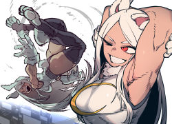 Rule 34 | 1girl, :d, animal ears, armpits, ass, black thighhighs, boku no hero academia, breasts, dark-skinned female, dark skin, fur collar, gloves, grey hair, hands up, heattech leotard, highres, jumping, large breasts, leotard, long hair, looking at viewer, mirko, multiple views, one eye closed, open mouth, rabbit ears, rabbit tail, red eyes, smile, ssambatea, tail, teeth, thighhighs, turtleneck, upper teeth only, very long hair, white gloves