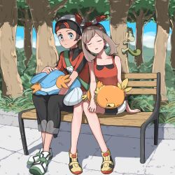 Rule 34 | 1boy, 1girl, absurdres, arm support, baeming, bare arms, beanie, bench, bike shorts, black pants, blush, bow hairband, brendan (pokemon), brown hair, bush, closed eyes, closed mouth, collarbone, commentary request, creatures (company), day, game freak, gen 3 pokemon, hairband, hat, highres, korean commentary, may (pokemon), mudkip, nintendo, outdoors, pants, parted lips, pokemon, pokemon (creature), pokemon oras, shirt, shoes, short hair, short sleeves, shorts, sitting, sleeveless, sleeveless shirt, starter pokemon trio, tree, white headwear, white shorts, yellow footwear, zipper pull tab