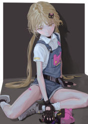 Rule 34 | 1girl, belt, black belt, black choker, black gloves, blonde hair, blue overalls, choker, closed mouth, fingerless gloves, fkey, gloves, grey footwear, hair ornament, highres, long hair, looking at viewer, low twintails, original, overall shorts, overalls, shirli (tower of fantasy), shoes, socks, solo, tower of fantasy, twintails, very long hair, white socks, yellow eyes