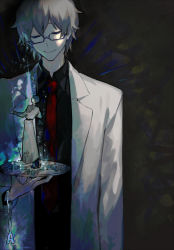 Rule 34 | 1boy, benjamin (project moon), black shirt, coat, closed eyes, gears, glasses, hokma (project moon), lab coat, library of ruina, lobotomy corporation, long coat, long sleeves, necktie, nishikujic, project moon, red necktie, shirt, smile, white hair