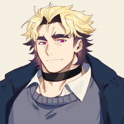 Rule 34 | 1boy, bara, black choker, blonde hair, blue jacket, choker, closed mouth, collared shirt, facial hair, forked eyebrows, grey sweater, hagiography, highres, jacket, loki (housamo), looking at viewer, male focus, multicolored hair, pink eyes, portrait, purple hair, shirt, sideburns stubble, simple background, solo, stubble, sweater, thick eyebrows, tokyo houkago summoners, two-tone hair, white shirt