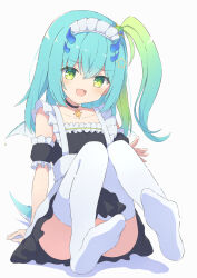 Rule 34 | 1girl, :d, apron, arm behind back, arm garter, arm rest, black choker, black shirt, black skirt, blue hair, blue horns, blush, choker, clothes between thighs, collarbone, commission, dot nose, feet, feet up, foot focus, frilled apron, frills, gradient hair, green eyes, green hair, hair between eyes, hair ornament, head tilt, high side ponytail, highres, horns, jewelry, knees together feet apart, long hair, looking at viewer, maid headdress, multicolored hair, no shoes, open mouth, original, pendant, pendant choker, pleated skirt, raised eyebrows, shirt, sidelocks, simple background, sitting, skeb commission, skirt, sleeveless, sleeveless shirt, smile, soles, solo, star (symbol), star hair ornament, thighhighs, thighs, tyakomes, white apron, white background, white thighhighs