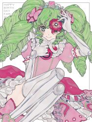 Rule 34 | 1girl, ao (ao0 0nemu), arm up, bad id, bad twitter id, bow, character name, closed mouth, commentary request, dress, elbow gloves, falulu, flower, gloves, green eyes, green hair, hair bow, hand up, happy birthday, headphones, highres, holding, holding flower, idol clothes, knees up, long hair, looking at viewer, pink bow, pink dress, pink flower, pretty series, pripara, puffy short sleeves, puffy sleeves, short sleeves, sidelocks, sitting, solo, thighhighs, tiara, twintails, white background, white gloves, white thighhighs