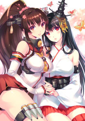 Rule 34 | 10s, 2girls, between breasts, black hair, black panties, blush, breasts, brown eyes, brown hair, bug, butterfly, cherry blossoms, closed mouth, detached sleeves, flower, fusou (kancolle), hair flower, hair ornament, head tilt, headgear, holding hands, insect, interlocked fingers, japanese clothes, kantai collection, large breasts, long hair, looking at viewer, md5 mismatch, multiple girls, nishimura eri, nontraditional miko, panties, pantyshot, petals, pleated skirt, ponytail, red eyes, red legwear, red skirt, resolution mismatch, rope, short hair, skirt, source smaller, tassel, thigh strap, thighhighs, underwear, very long hair, wide sleeves, yamato (kancolle)