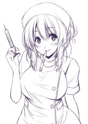 Rule 34 | 1girl, alternate costume, blush, breasts, closed mouth, digital thermometer, eyebrows, greyscale, hair between eyes, hat, holding, lips, looking at viewer, medium breasts, monochrome, mouth hold, nori tamago, nurse, nurse cap, saigyouji yuyuko, short hair, short sleeves, sketch, smile, solo, tareme, thermometer, touhou, upper body