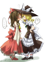 Rule 34 | ..., 2girls, ?, ascot, blonde hair, blush, bow, brown hair, curiosities of lotus asia, detached sleeves, dress, face-to-face, female focus, forehead-to-forehead, hakurei reimu, hand on own hip, hat, heads together, japanese clothes, kirisame marisa, miko, multiple girls, ribbon, speech bubble, standing, taker, taker (flamestorm), touhou, witch, witch hat, wrist cuffs, yuri