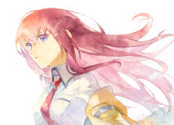 Rule 34 | 1girl, breast pocket, closed mouth, collared shirt, floating hair, from side, hair between eyes, long hair, makise kurisu, necktie, painting (medium), pocket, purple eyes, red hair, red necktie, rocni, shirt, simple background, solo, steins;gate, straight hair, traditional media, upper body, watercolor (medium), white background, white shirt, wing collar